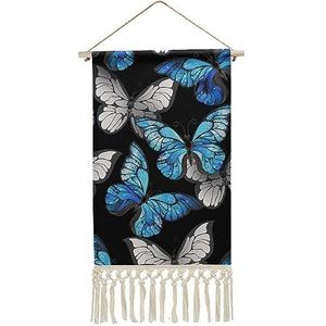 Blauwe vlinders linnen wandtapijt, vintage wandtapijt, poster met kwastjes, muurkunstwerk, decoratie, klaar om op te hangen