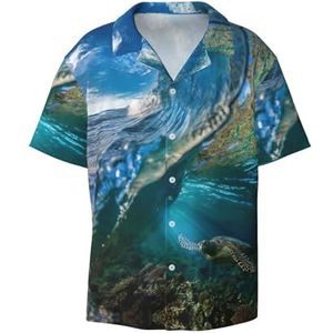 Sea Animal Turtle Floating Underwater Over The Coral Reef Print Button Down Shirt Korte Mouw Casual Shirt voor Mannen Zomer Business Casual Jurk Shirt, Zwart, XL