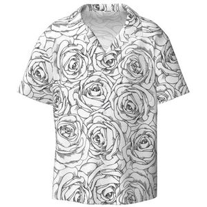 JGHHOUN Zwart Wit Rose Print Mode Korte Mouw Cubaanse Kraag Shirt Mannen Hawaiiaanse Shirts Zomer Strand Vakantie, Zwart, XL