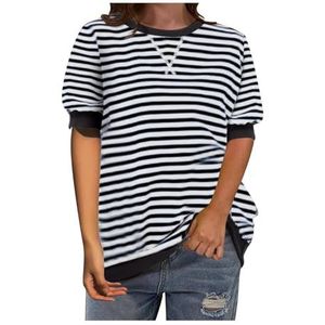 2024 Gestreept Shirt Dames Colorblocked Oversized Gestreepte Korte Mouw Gedrukt Ronde Hals T-shirt Eenvoudige Losse Trui Korte Mouw T-shirt (Color : Striped White Black, Size : XL)