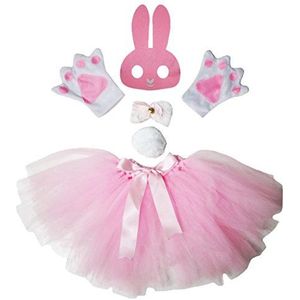 Petitebelle Roze Wit Bunny Masker Bowtie Handschoen Staart Rok Lady 5st Kostuum - roze - M