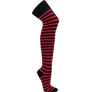 Krautwear® Gestreepte overknee-kousen voor dames, gestreepte kousen, carnaval, cosplay, jaren 80 (zwart-rood)