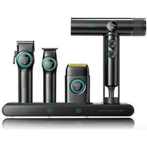 VGR Professional Barber Combo van Tondeuse, Trimmer, Foliescheerapparaat en Ionische Föhn, 4-in-1 Compleet Set met Krachtige Upgraded Motor, Oplaadstation, LED-display, Luxe Opbergkoffer, Zwart