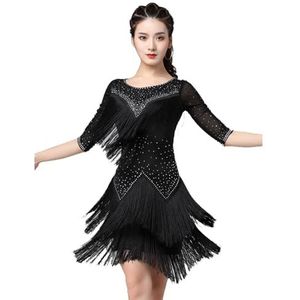 FZHQNZJF Latijnse Dans Prestatie Jurken voor Vrouwen Gemiddelde Mouw Salsa Ballroom Kostuum Tango Cha Cha Danskleding Strass Oefen Rok voor Rumba Samba,C,3XL