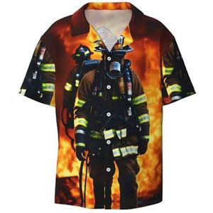 EdWal Brandweerman Brandweerman Vlam Print Heren Korte Mouw Button Down Shirts Casual Losse Fit Zomer Strand Shirts Heren Jurk Shirts, Zwart, L