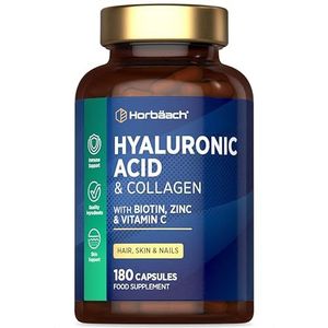 Hyaluronzuur en Collageen | 3 Maanden Voorraat - 180 Stk | Hyaluronic Acid + Collagen Hydrolysaat + Biotine + Vitaminen C + Selenium + Zink | Horbaach
