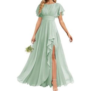 AHERKLL Bruidsmeisjesjurken met korte mouwen voor bruiloft ruches chiffon formele avondfeest maxi-jurk met split HAH053, Sage Groen, 32