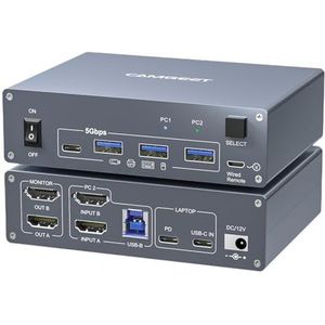 Camgeet KVM-schakelaar 2 pc 4K @60 Hz, USB C HDMI, 2 monitoren, 4 USB3.0-poorten, 80 W PD-opladen