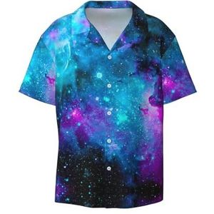 TyEdee Paarse sterrenhemel print heren korte mouw overhemden met zak casual button down shirts business shirt, Zwart, 3XL