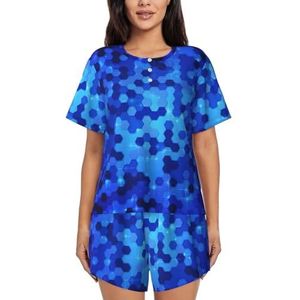 Blauwe zeshoekige patroon print dames zomer zachte tweedelige bijpassende outfits korte mouw pyjama lounge pyjama sets, Zwart, 4XL
