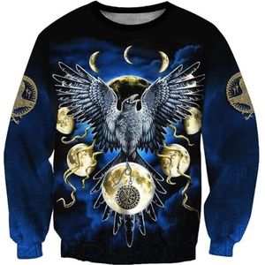 Odin Raven Tattoo Pullover Sweatshirt, Scandinavisch 3D Digitaal Printen Vegvisir Klassieke Harajuku Hoodie, Viking Heren Herfstmode Lange Mouw Casual Rits Top(Color:Blue Round Neck,Size:4XL)