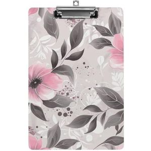 Roze bloemen en bladeren op grijs klembord acryl klembord met metalen clip A4 standaard formaat draagbaar schrijven klembord verpleging klemborden map voor werk en kantoorbenodigdheden Letter Size