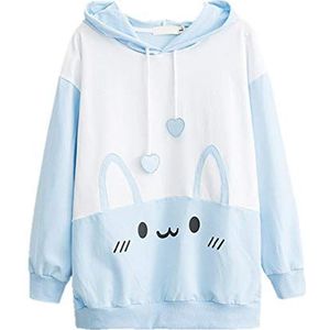 Tiener Grils Vrouwen Kawaii Hoodie Print Losse Casual Trui Leuke Hoodie Tops, Blauw, L