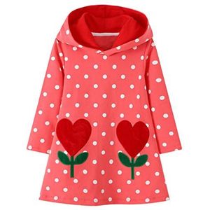 JinBei Hoodies Jurk Meisjes Kids Lange Mouw Sweatshirt Trui Hoody Jurk Katoenen Causale Trui Tuniek Trui Jumper Tops Polka Dot Bloemen Rode Jurken Leeftijd Maat 2 3 4 5 6 7 Jaar Oud