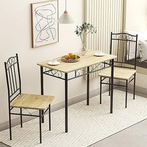 JAZZLYN Eettafelset met 2 stoelen, set voor eetkamer, keuken, woonkamer, beuken gevlamd + zwart frame