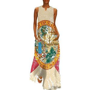 Retro Florida staatsvlag dames enkellengte jurk slim fit mouwloze maxi-jurken casual zonnejurk 4XL