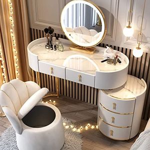YUZES Kaptafel bureau met verstelbare 3 kleuren LED-verlichting spiegel,Make up tafel met massief houten lades,Make-up ijdelheidstafel set met gedempte kruk voor slaapkamer meisje vrouwen (Color : White
