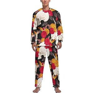 Schedel en bloemen zachte heren pyjama set comfortabele lange mouwen loungewear top en broek geschenken XL