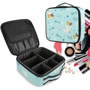 Blauwe kat kitten liefde visgraat make-up tas toilettas rits make-up cosmetische tassen organizer zakje voor gratis compartiment vrouwen meisjes