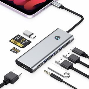 USB C HUB 4K 60Hz for iPad Pro 9-in-1 Adapter iPad Pro 12.9 11 inch iPad Air 5 4 Docking Station with 4K HDMI, 100W PD, SD/TF Card Reader, USB 3.0, 3.5mm Audio Jack, Type C Data, iPad Mini 6