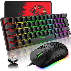 UK Layout Mechanisch Gaming Toetsenbord RGB 14 Backlight Effects Mini 62 Toetsen Bedraad Type C + Lichtgewicht RGB 6400DPI Honingraat Muis + Muismat Compatibel met PS4, Xbox, PC, Laptop - Zwart/Bruin Schakelaar