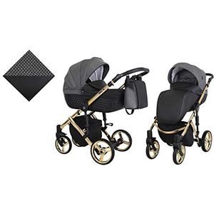 KUNERT Kinderwagen TIARO PREMIUM sportwagen babywagen autostoel babyzitje complete set kinderwagen set 2 in 1 (zwart met pepitamatroon, framekleur: goud, 2-in-1)