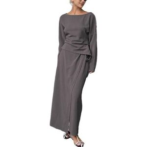 MLSHWUG Dames Slim Fit Top Met Plissé Taille En Lange Mouwen, Rok Met Zijsplit En Veters, Herfst Outfit Sets,Grijs,L