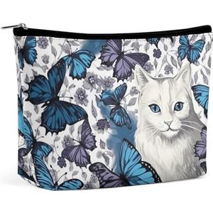 HEBVNJF De Zak Draagbare Kosmetische Zak van de reismake-up Bruine draagt de Opbergzak van de, Blauwe Vlinder en Witte Kat, Eén maat