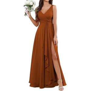 Chiffon bruidsmeisjesjurk voor dames, voor bruiloft, met split, baljurk, cocktailjurk, grote maten, Verbrand Oranje, 32