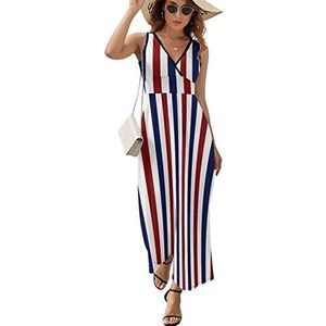 Rode, witte en blauwe strepen dames lange jurk mouwloze maxi-jurk zonnejurk strand feestjurken avondjurken M