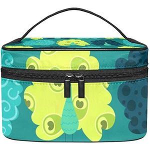 Zwarte achtergrond gouden sterren patroon make-up tas voor vrouwen meisjes cosmetische tassen met handvat reizen make-up organizer tas, Pauw Patroon Groen Blauw, 8.9x5.9x5.4 Inches, Make-up zakje
