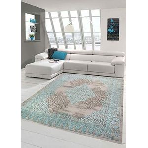 Designer en modern tapijt Marokkaans patroon in turquoise grijs maat 80x150 cm