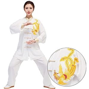 XRDSHY Tai Chi Kung Fu kleding voor dames en heren, vechtkunst, zen-meditatiepak, uniseks, lange mouwen, traditionele Chinese Shaolin Wushu Qigong borduurwerk, trainingsuniform, wit Phoenix patroon, XL