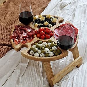 ZYLLZY Houten opvouwbare picknicktafel voor buiten met rode wijnglashouder, draagbare compartimentschaal voor kaas en fruit, inklapbare tafel voor reizen, tuin, kleine strandtafel