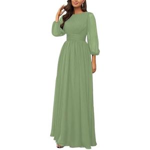 KURFACE Bruidsmeisjesjurken met lange mouwen, geplooide ronde hals, chiffon, bruidsmeisje, formele avondjurk, Stoffige Salie, 32