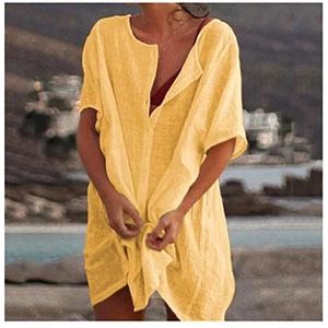 ZPFDSG Badpak voor dames, strandbedekking, korte mouwen, lange blouse, zomer, casual, losse effen kleur, strandcover-up blouse, grote maat, bedekkende kleding voor vrouwen, strandkleding (kleur: geel,
