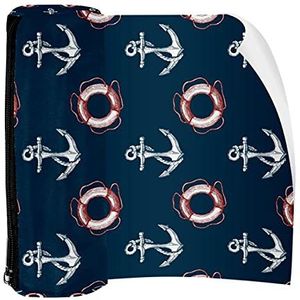 Potlood Case Pen Tas Houder met Rits Coin Organizer Tassen Make-up Cosmetische Pouch voor Vrouwen Tiener Meisjes Jongens Kinderen, Wit Schip Anker Reddingsboei Navy