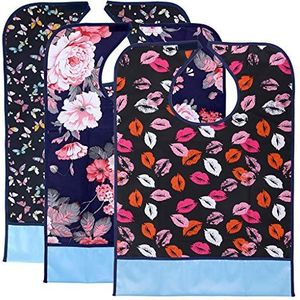 BTSKY 3 Stks Waterdichte Herbruikbare Slabbetjes voor Volwassenen - Wasbare Maaltijd Protector Bib Kleding Protector met Kruimelvanger (Bloem+Lip+Vlinder)
