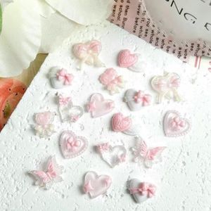 Nieuwe roze serie strik hart hars nagelbedels 3D lichtgevende dubbele vlinder perzik hart zoete wind nagelkunst decoraties DIY nagels-roze gemengd 50 stuks