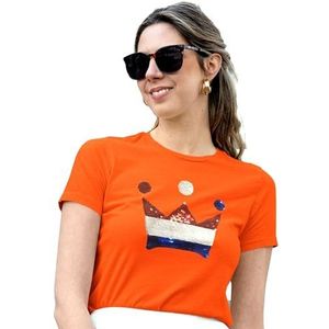 Dames T-shirt Kroontje met magic sequence | koningsdag kleding | Oranje (DE/NL/SE/PL, Alfabetisch, S, Regular, Regular, Orange)