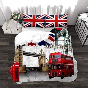 HELVES 3D London Bridge eenpersoons dekbedovertrekset, London Bus beddengoedsets, zachte microvezel Paris dekbedovertrek 155 x 220 cm en 2 kussenslopen 50 x 75 cm