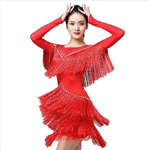 Yhsgscr Latin oefenjurk met kwastjes Salsa Cha Cha performance danskleding Tango danskleding met pailletten voor dames Balzaaloutfit met lange mouwen,Rood,3XL
