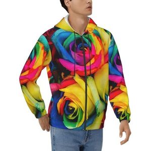 JEJEA Regenboog Rose Print Mens Casual Hooded Kraag Trekkoord Hoodies Sweatshirts Casual Lange Mouw Shirts Streetwear, Zwart, S