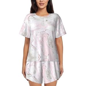 YQxwJL Roze Abstracte Inkt Marmer Grijs Artistieke Print Vrouwen Pyjama Sets Shorts Korte Mouw Lounge Sets Nachtkleding Casual Pjs Met Zakken, Zwart, XL