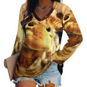 Neon giraffe dames casual lange mouw T-shirts V-hals gedrukte grafische blouses Tee Tops L