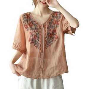 Retro Etnische Stijl Chinese Tops Dames Plus Size Loose Flowy Shirts Prachtig Borduurwerk Traditionele Hanfu Blouse (Color : Light coffee, Size : 4XL)