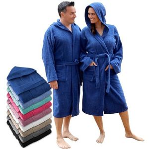 LEBENGOOD Badjas voor heren, uniseks, met capuchon, 100% Amerikaans katoen, 400 g, zachte badjas, douchehanddoek voor dames, Blauw., M