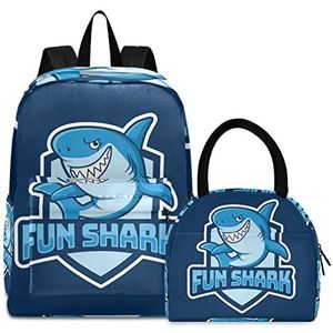 Donkerblauwe Fun hai boekentas, lunchpakket, schouderrugzak, boektas, kinderrugzak, geïsoleerde lunchboxtas voor meisjes en jongens