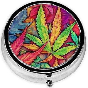 Multicolor Blad Onkruid Art Print Ronde Pillendoos 3 Compartiment Draagbare Mini Pil Case Metalen Pil Organizer Pil Container voor Pocket Purse Kantoor Reizen
