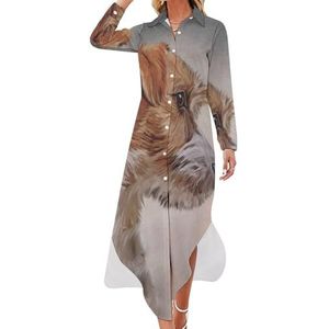 Jack Russell Terrier Maxi-jurk voor dames, lange mouwen, knoopsluiting, casual party, lange jurk, M